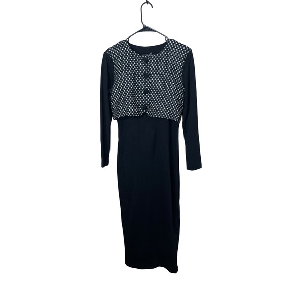 All That Jazz Dress Black Long Sleeve Maxi Party Career Vintage 90s Houndstooth - Picture 1 of 9